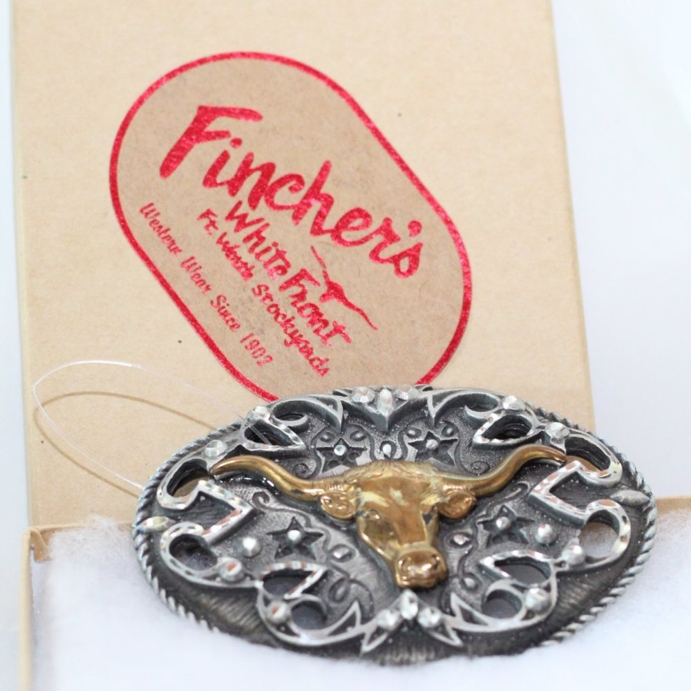 VTG  LG Two Toned Longhorn Belt Buckle & Box